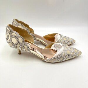Badgley Mischka Size 9 Ginny Ivory White Satin Jeweled Kitten‎ Heels Pumps Shoes